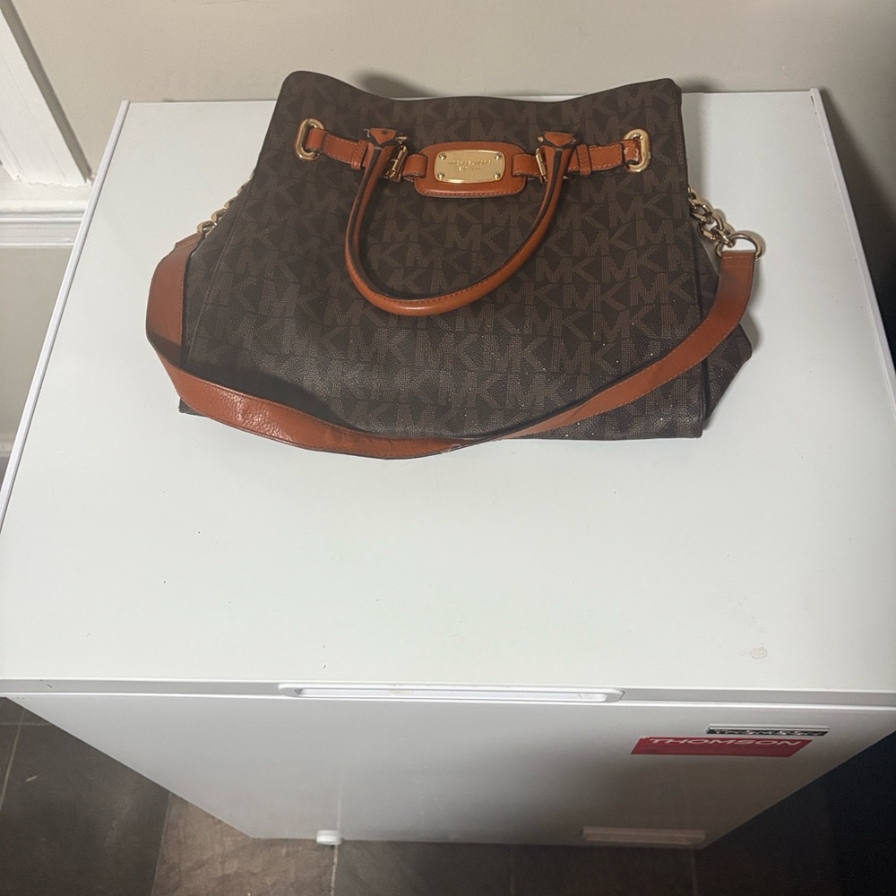 Shoulder Bag Michael Kors Brown Logo with Tan Trim and Gold Hardware